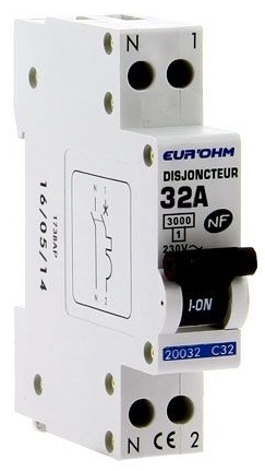 DISJONCTEUR 1P+N 32A NF courbe C connexion vis haut/bas 3kA EUROHM