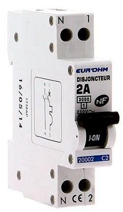 DISJONCTEUR 1P+N 2A NF courbe C connexion vis haut/bas 3kA EUROHM