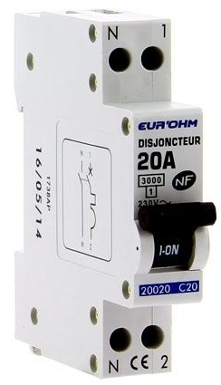 DISJONCTEUR 1P+N 20A NF courbe C connexion vis haut/bas 3kA EUROHM