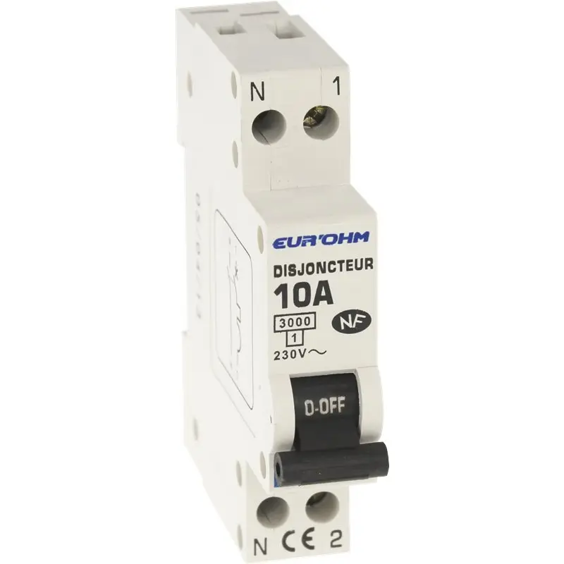 DISJONCTEUR 1P+N 10A NF courbe C connexion vis haut/bas 3kA EUROHM