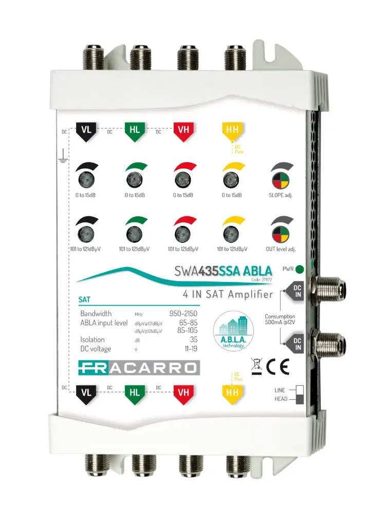 AMPLI DE LIGNE 4 VOIES 16-36dB SANS ALIM (ALIM VIA SWITCH) FRACARRO