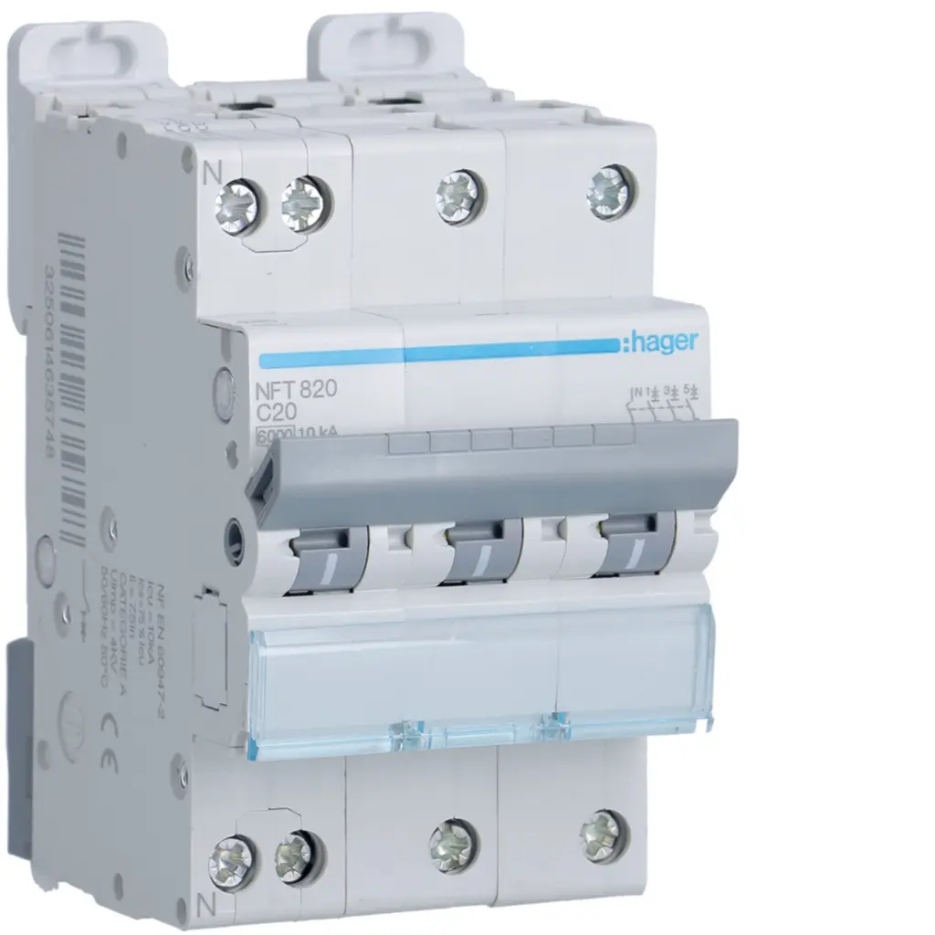 DISJONCTEUR TRIPOLAIRE 3 PH+N 6-10kA C-20A 3m HAGER