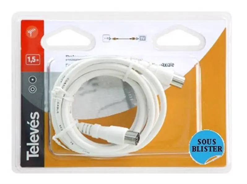 CORDON COAX TV Male / Femelle 1,5 m BLANC TELEVES