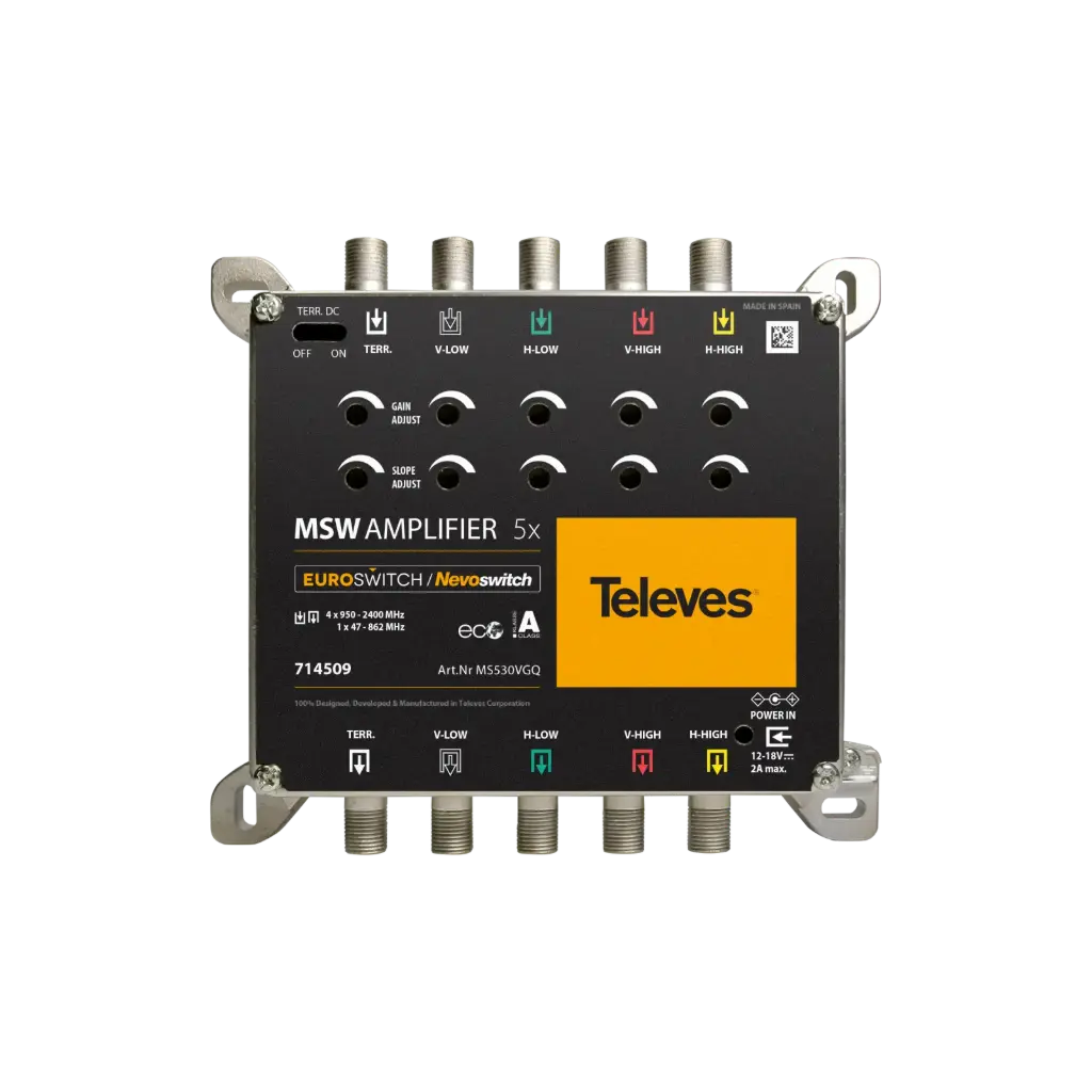 AMPLIFICATEUR 5x5 "F" MATV/BIS GAIN 27 / 25 dB Vs110 dBµV TELEVES