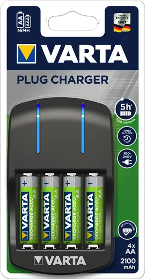 CHARGEUR SECTEUR + 4 PILES RECHARGEABLES AA 2100 mAh VARTA