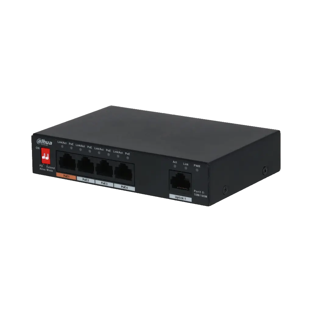 SWITCH  4 PORTS POE 48V  10/100Mbps  LG DISTANCE 250M DAHUA