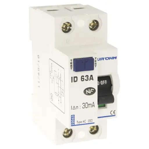[EUR23063] INTERRUPTEUR DIFF. 63AC 1P+N 30mA connexion haut/bas Classe AC EUROHM